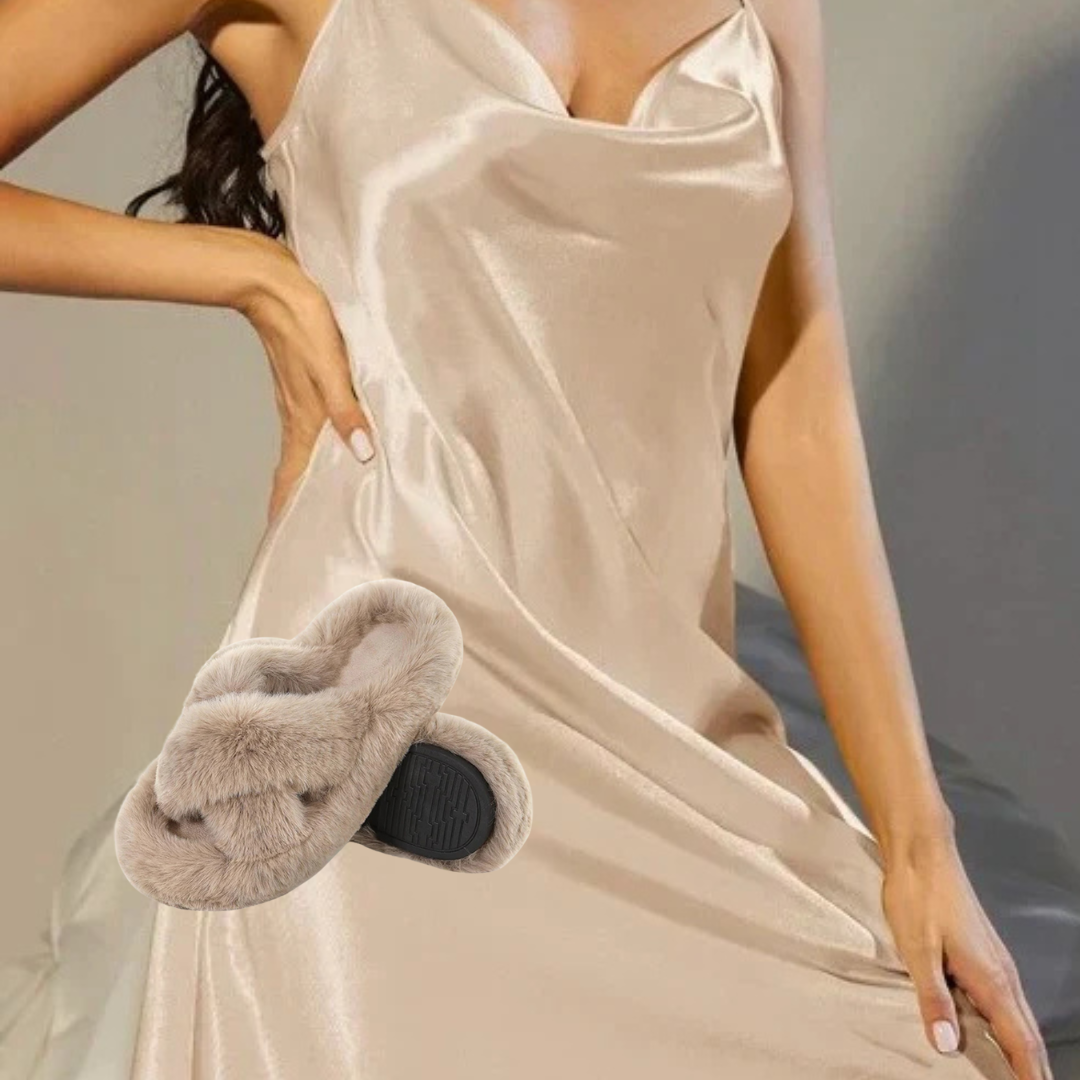 CADOURI - Rochie de noapte din satin + papuci pufoși de casă, edera.ro