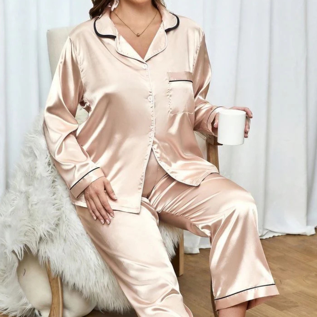 Lenjerie - Set pijama lungă din satin Plus Size, edera.ro