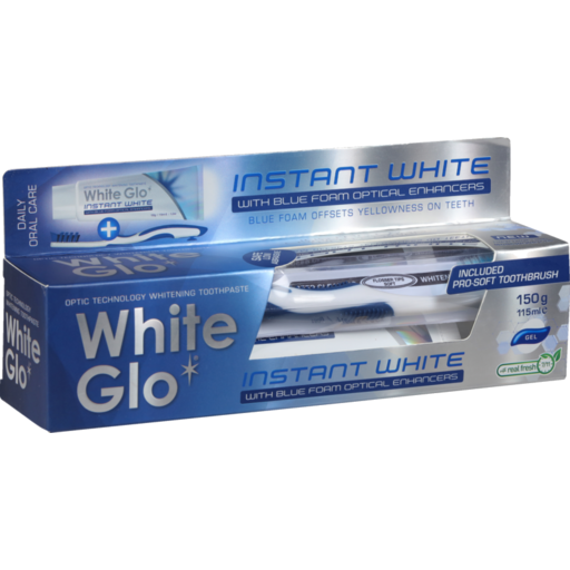Pachet pasta de dinti si periuta, White Glo Instant White cu potentiatori optici din spuma albastra, 150 g