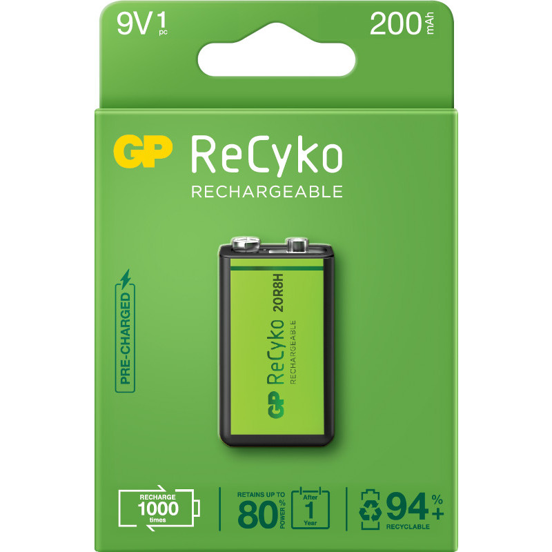 Acumulatori GP Batteries, ReCyco 200mAh 9V NiMH, paper box 1 buc. 20R8H-EB1, "GP20R8H-2EB1" "GPRHV208R075" (include TV 0.08 lei)