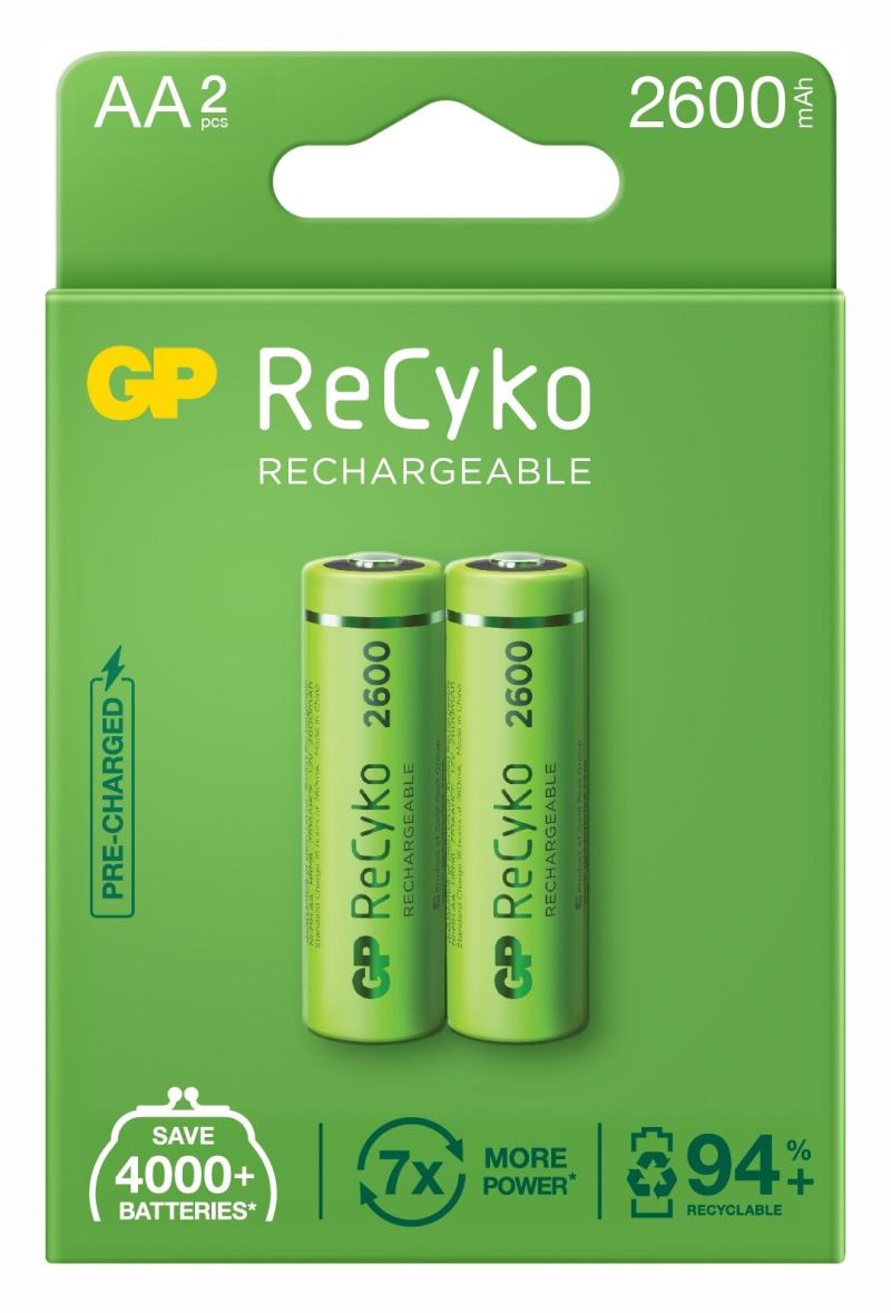 Acumulatori GP Batteries, ReCyko 2600mAh AA (LR6) 1.2V NiMH, paper box 2 buc. "GP270AAHCE-2EB2" "GPRHC272E000" (include TV 0.16lei)