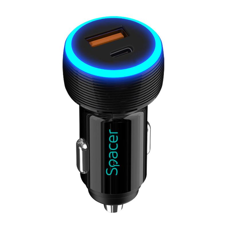 ALIMENTATOR auto SPACER Quick Charge 17W 3.1A max, LED ambiental, 1 x USB + 1 x USB Type-C, pt. bricheta auto, black, "SPCC-DUOQ-01" (include TV 0.18lei)
