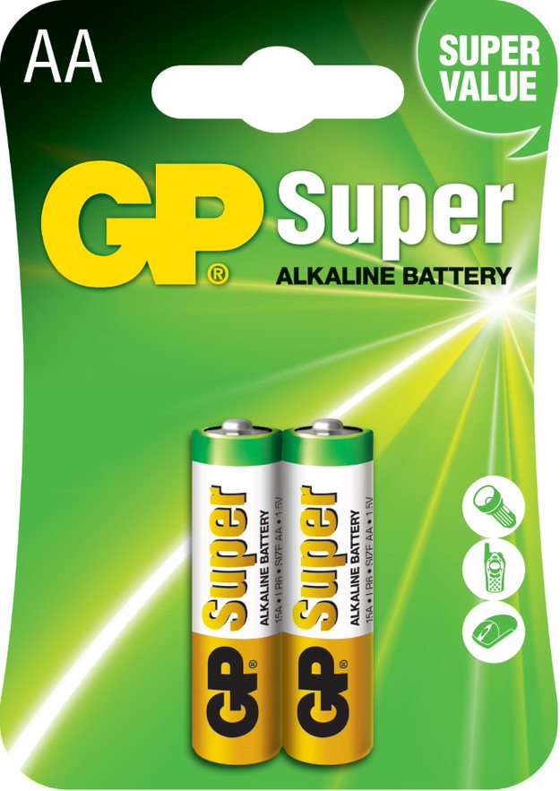 Baterie GP Batteries, Super Alcalina AA (LR6) 1.5V alcalina, blister 2 buc. "GP15A-2UE2" "GPPCA15AS014" (include TV 0.16lei)