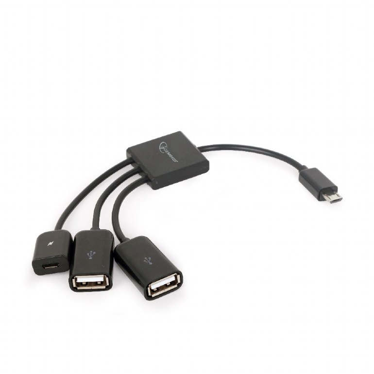 CABLU adaptor OTG GEMBIRD, pt. smartphone, Micro-USB 2.0 (T) la Micro-USB 2.0 (M) + USB 2.0 (M) x 2, 13cm, asigura conectarea telef. la o tastatura, mouse, HUB, stick, etc., negru, "UHB-OTG-02" (include TV 0.06 lei)