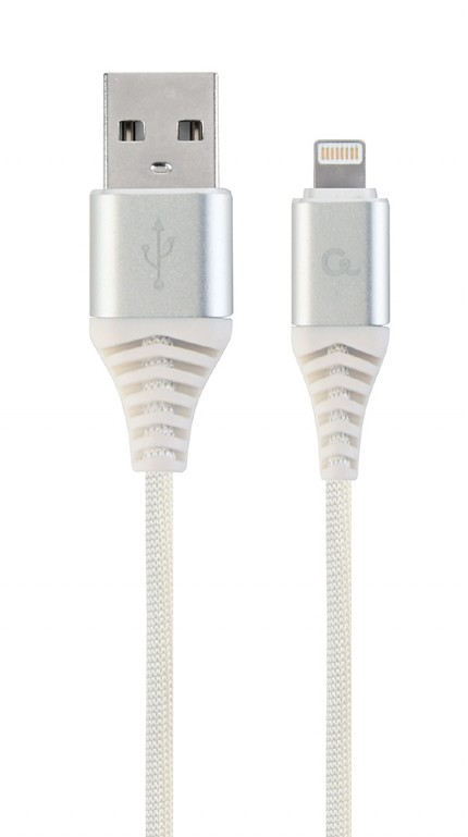 CABLU alimentare si date GEMBIRD, pt. smartphone, USB 2.0 (T) la Lightning (T), 1m, premium, cablu cu impletire din bumbac, alb cu conectori argintii, "CC-USB2B-AMLM-1M-BW2" (include TV 0.06 lei)