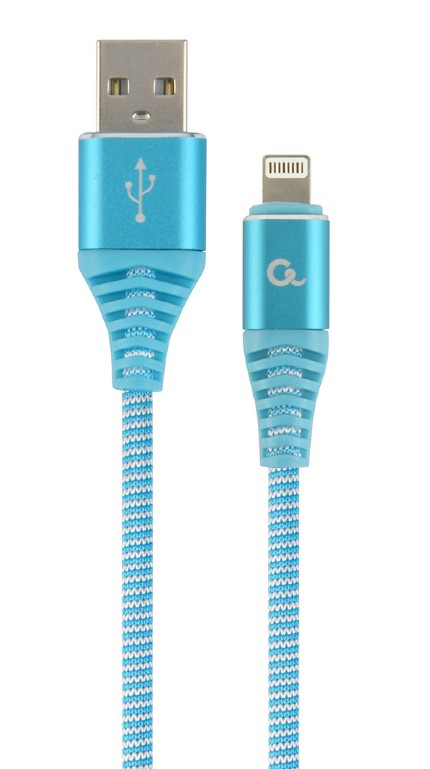 CABLU alimentare si date GEMBIRD, pt. smartphone, USB 2.0 (T) la Lightning (T), 1m, premium, cablu cu impletire din bumbac, albastru cu insertii albe, "CC-USB2B-AMLM-1M-VW" (include TV 0.06 lei)