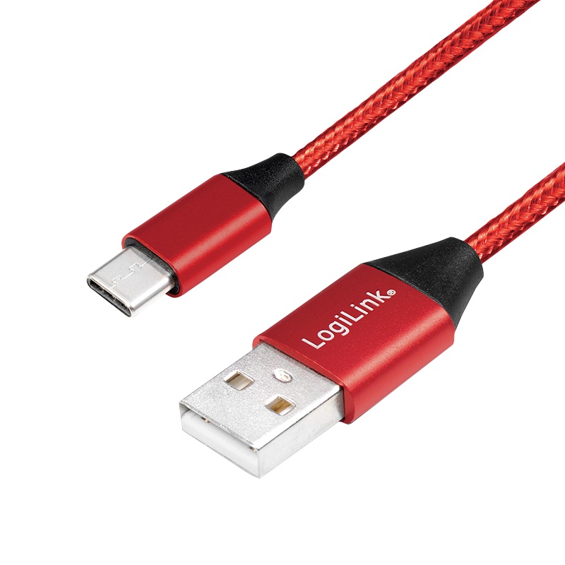 CABLU alimentare si date LOGILINK, pt. smartphone, USB 2.0 (T) la USB 2.0 Type-C (T), 1m, premium, cablu cu impletire din bumbac, rosu, "CU0148" (include TV 0.06 lei)