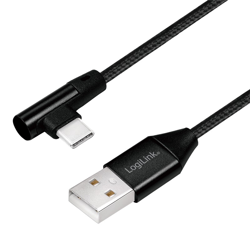 CABLU alimentare si date LOGILINK, pt. smartphone, USB 2.0 (T) la USB 2.0 Type-C (T) la 90 grade, 0.3m, premium, cablu cu impletire din bumbac, negru, "CU0137" (include TV 0.06 lei)