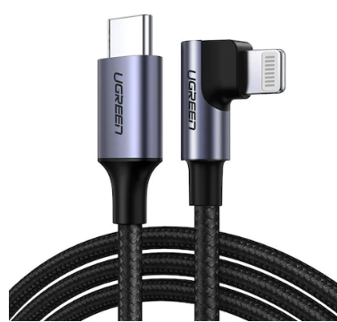 CABLU alimentare si date Ugreen, "US305", Fast Charging Data Cable pt. smartphone, USB Type-C la Lightning Iphone, 3A, Angled 90, braided, 1m, negru "60763" (include TV 0.06 lei) - 6957303867639