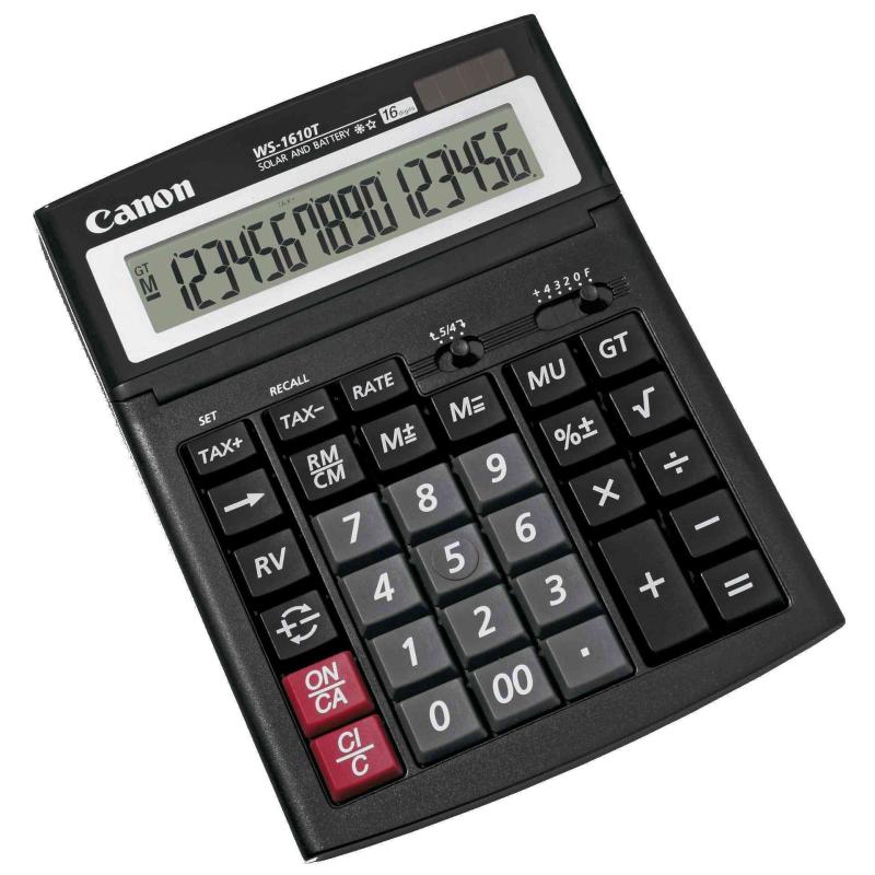 Calculator de birou CANON, WS1610T, ecran 16 digiti, alimentare solara si baterie, negru, "BE0696B001AA" (include TV 0.18lei)