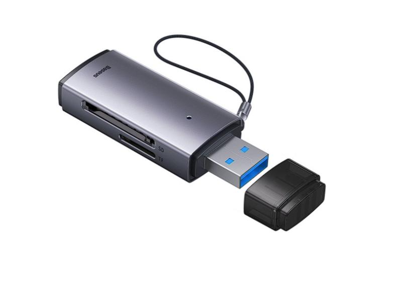 CARD READER extern Baseus Lite, interfata USB 3.0, citeste/scrie: SD, microSD viteza pana la 480Mbps,  suporta carduri maxim 512 GB, metalic, gri "WKQX060013" (include TV 0.03 lei) - 6932172608194