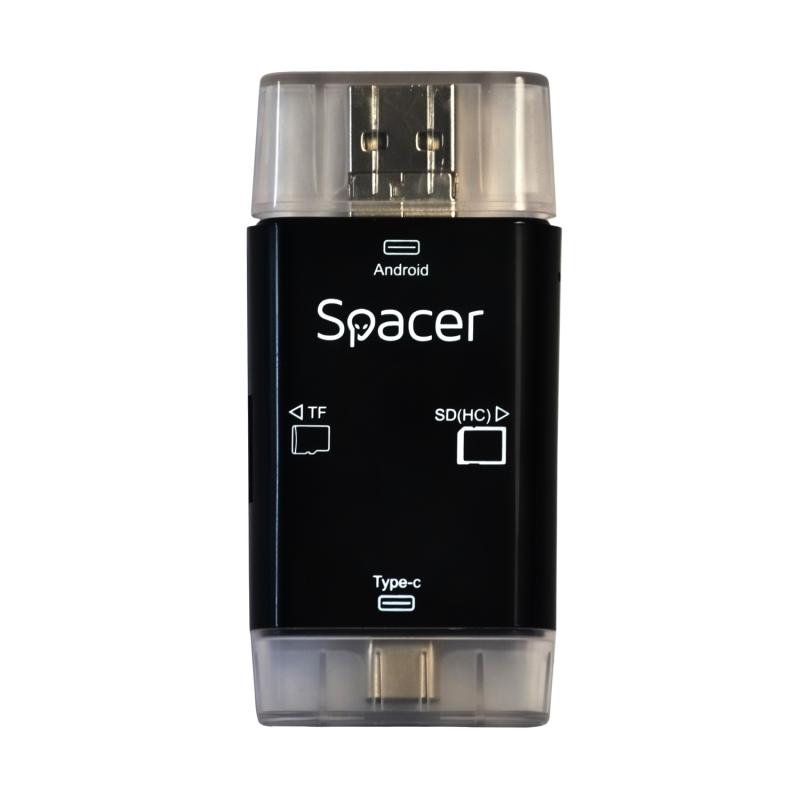 CARD READER extern SPACER, 3 in 1, interfata USB 2.0, USB Type C, Micro-USB, citeste/scrie: SD, micro SD; adaptor USB Type C la USB sau Micro-USB; plastic, negru, "SPCR-309" (include TV 0.03 lei)