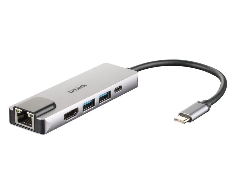 HUB extern D-LINK, porturi Gigabit LAN x 1, USB 3.0 x 2, HDMI x 1,  USB Type C x 1, conectare prin USB Type C, cablu 17 cm, argintiu "DUB-M520" (include TV 0.8lei)