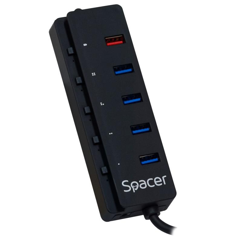 HUB extern SPACER, porturi USB: USB 3.0 x 4, Port USB Quick Charge x 1, conectare prin USB 3.0, Alimentare retea 220V,negru, "SPH-4USB30-1QC" (include TV 0.8lei)