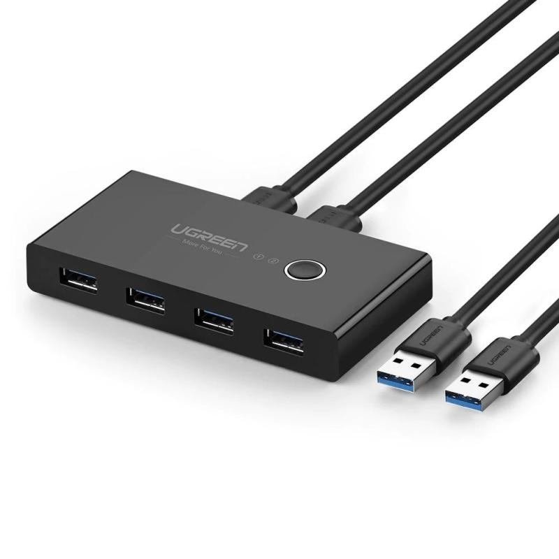 HUB extern Ugreen, "US216" porturi USB: USB 3.0 x 4, conectare prin 2 x USB, partajare date 2 pc-uri simultan, buton comutare PC, lungime 1.5 m, LED, negru, "30768" (include TV 0.8lei) - 6957303837687