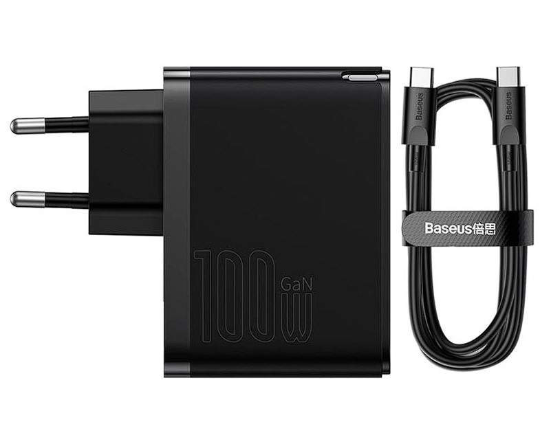 INCARCATOR retea Baseus GaN5 Pro, Quick Charge 100W, 1 x USB, 1 x USB Type-C, include cablu USB Type-C la USB Type-C 100W 1m, negru "CCGP090201" (include timbru verde 0.75 lei) - 6932172608958
