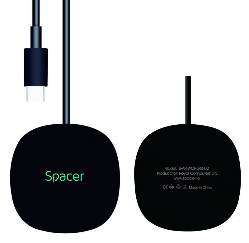 INCARCATOR wireless SPACER 2 in 1 cu suport inclus, compatibil prindere magnetica Iphone, Quick Charge 15W Qi, conector Type-C, negru "SPAR-WCHGQ-02" (include TV 0.18lei)