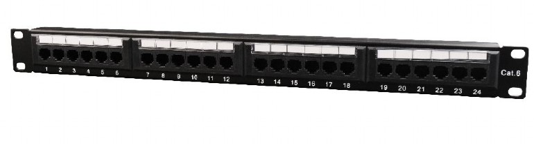 PATCH PANEL GEMBIRD 24 porturi, Cat6, 1U pentru rack 19", suport posterior pt. gestionare cabluri, black, "NPP-C624CM-001"