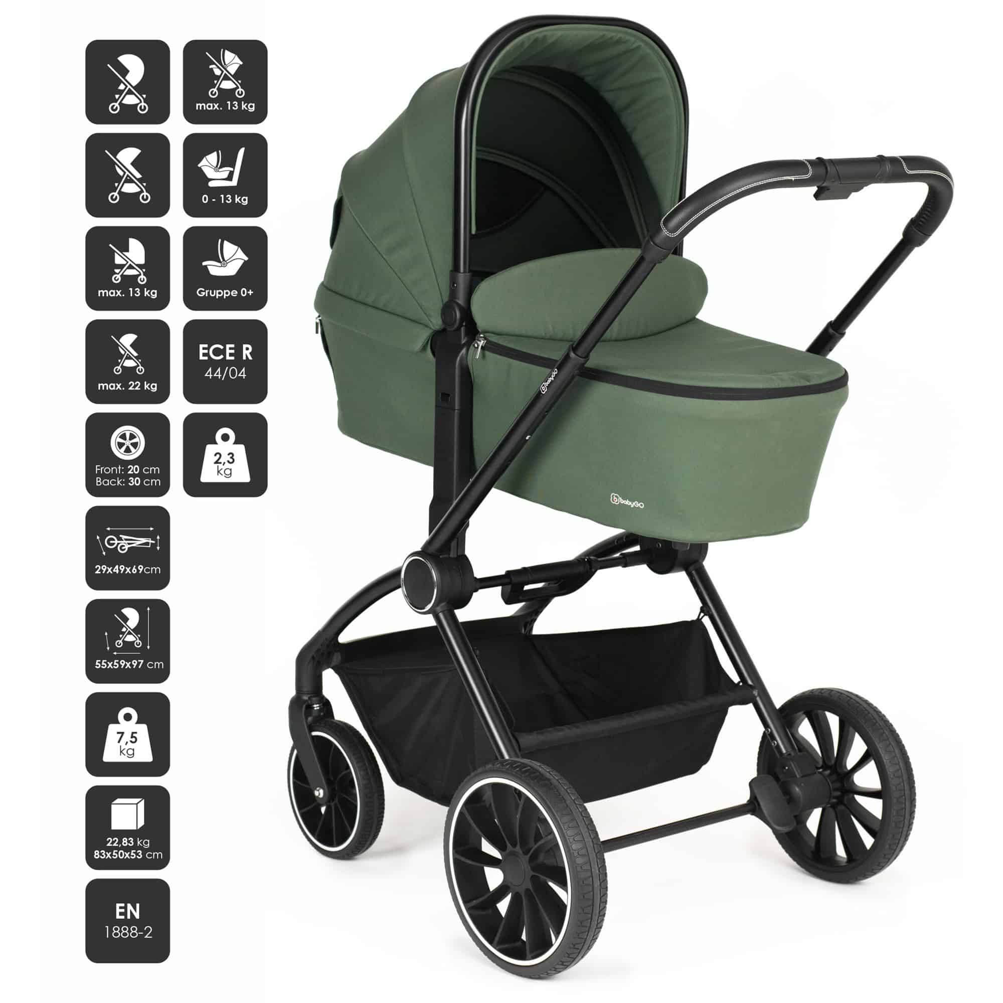 BabyGo - Carucior 3 in 1 Harmony Green cu maner reglabil pe inaltime, cadru Black, [2],bestfam.ro