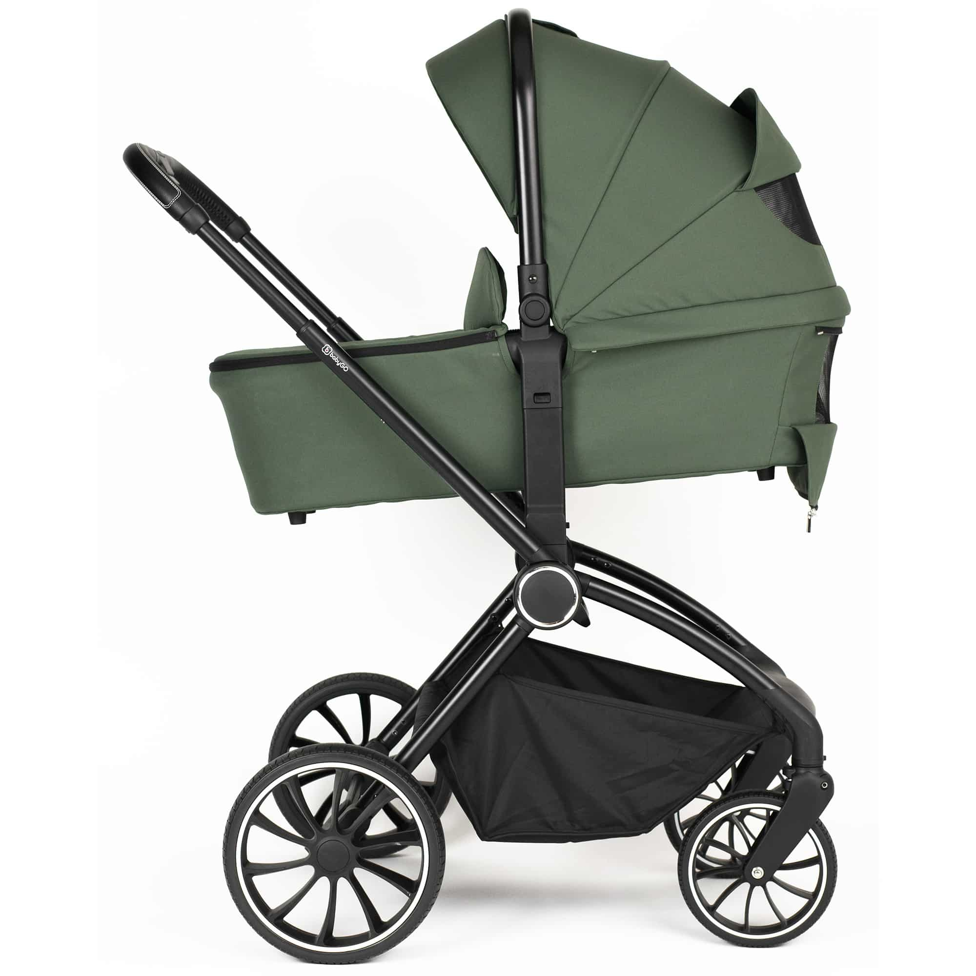BabyGo - Carucior 3 in 1 Harmony Green cu maner reglabil pe inaltime, cadru Black, [3],bestfam.ro