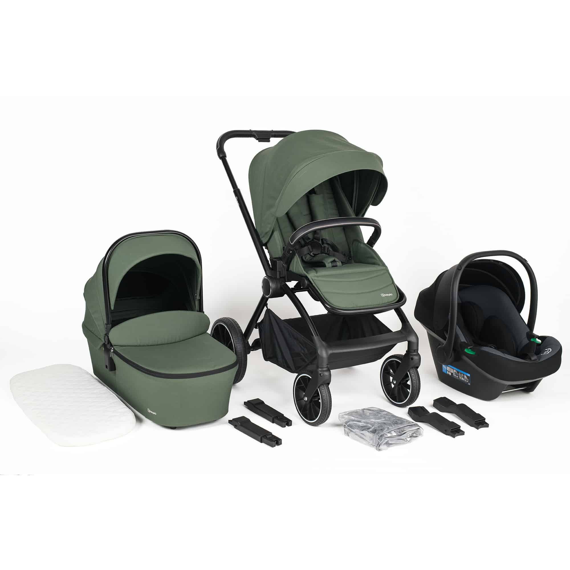 BabyGo - Carucior 3 in 1 Harmony Green cu maner reglabil pe inaltime, cadru Black, [6],bestfam.ro