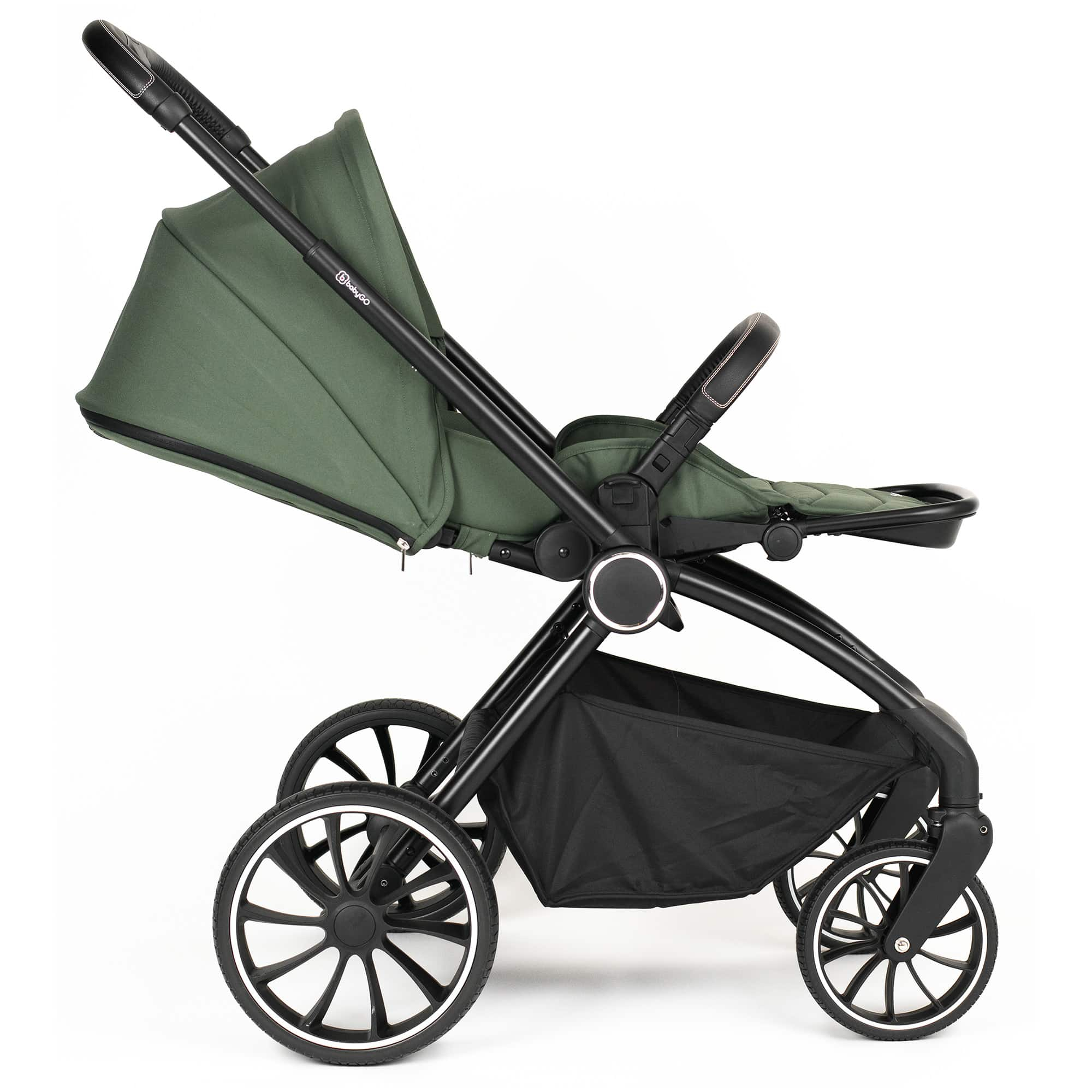 BabyGo - Carucior 3 in 1 Harmony Green cu maner reglabil pe inaltime, cadru Black, [7],bestfam.ro