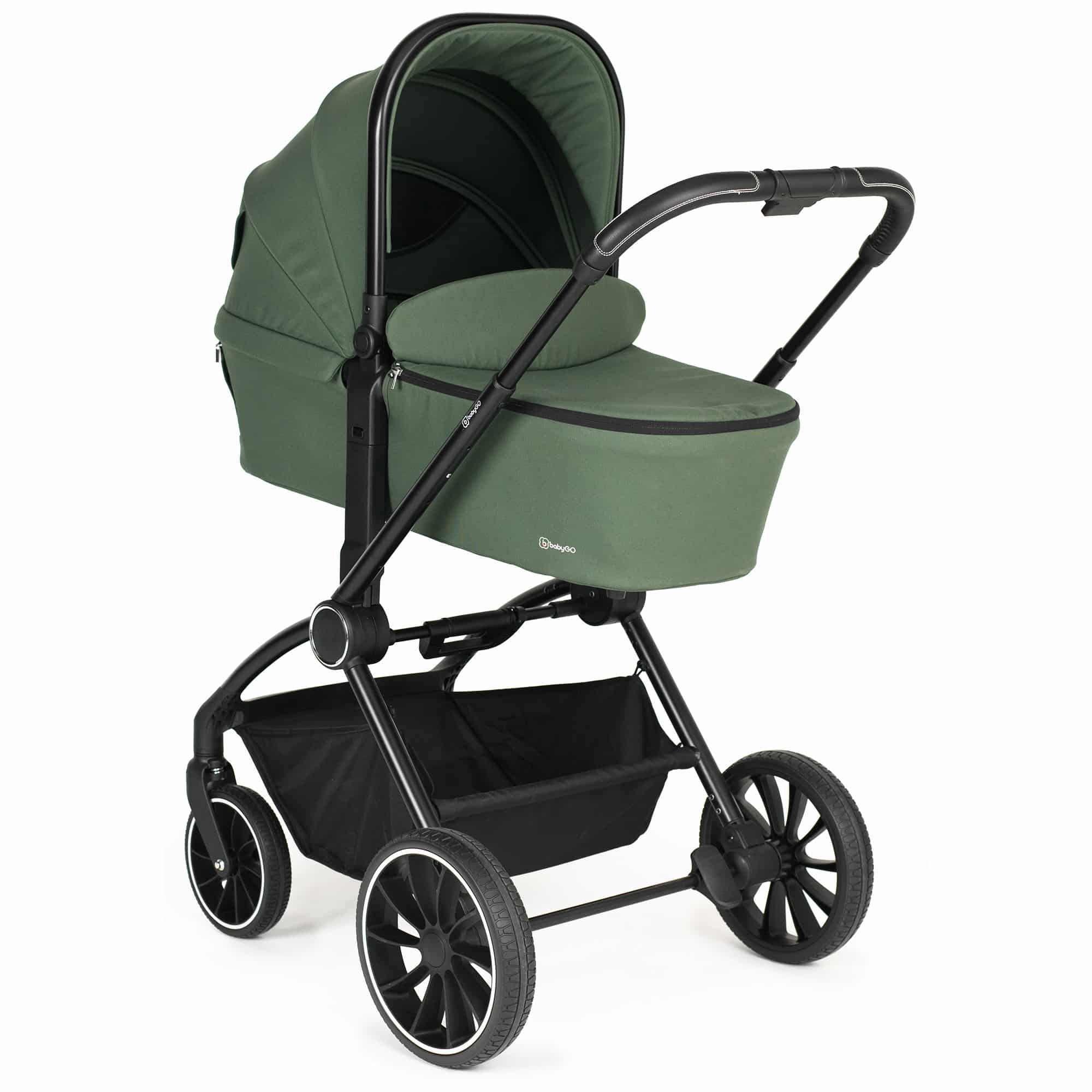 BabyGo - Carucior 3 in 1 Harmony Green cu maner reglabil pe inaltime, cadru Black, [9],bestfam.ro