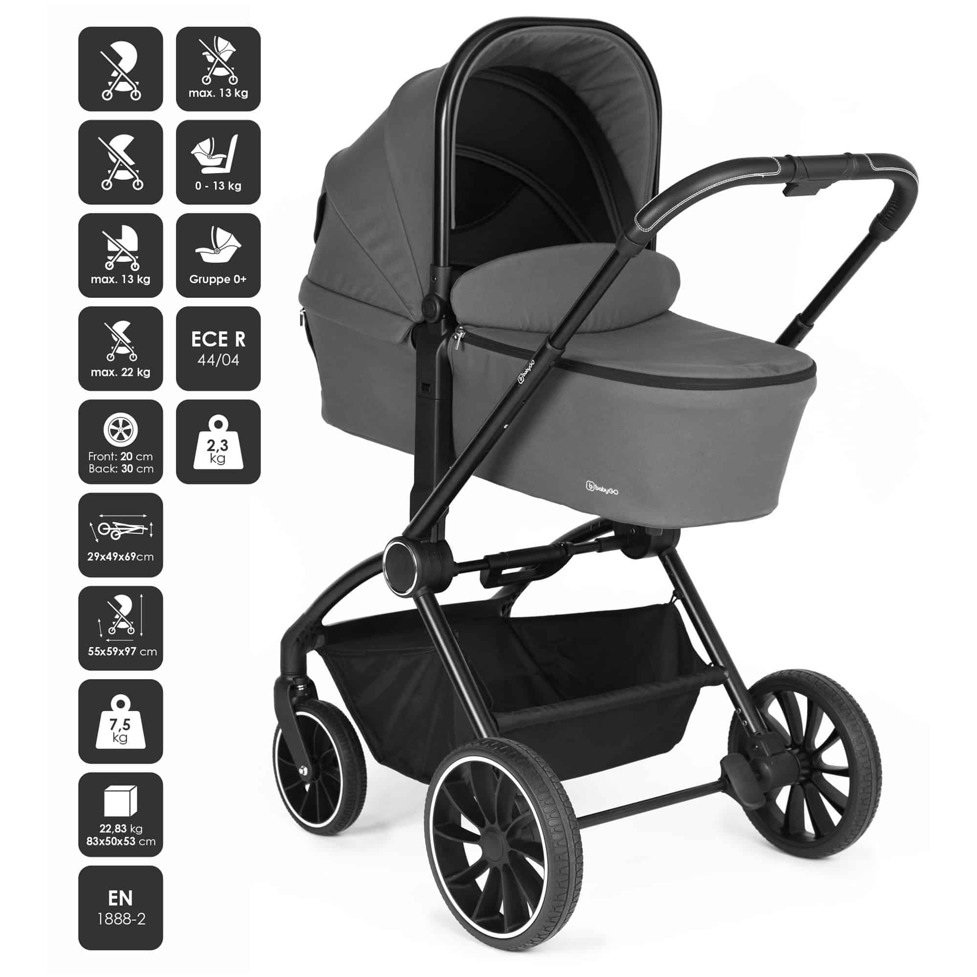 BabyGo - Carucior 3 in 1 Harmony Grey cu maner reglabil pe inaltime, cadru Black, [2],bestfam.ro
