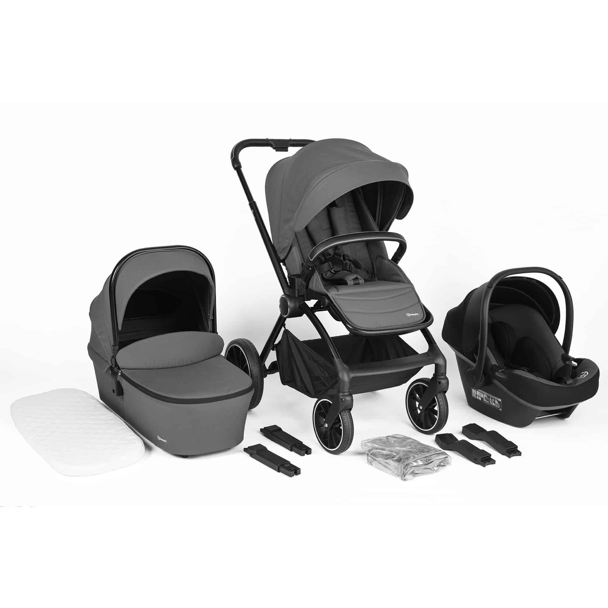 BabyGo - Carucior 3 in 1 Harmony Grey cu maner reglabil pe inaltime, cadru Black, [5],bestfam.ro