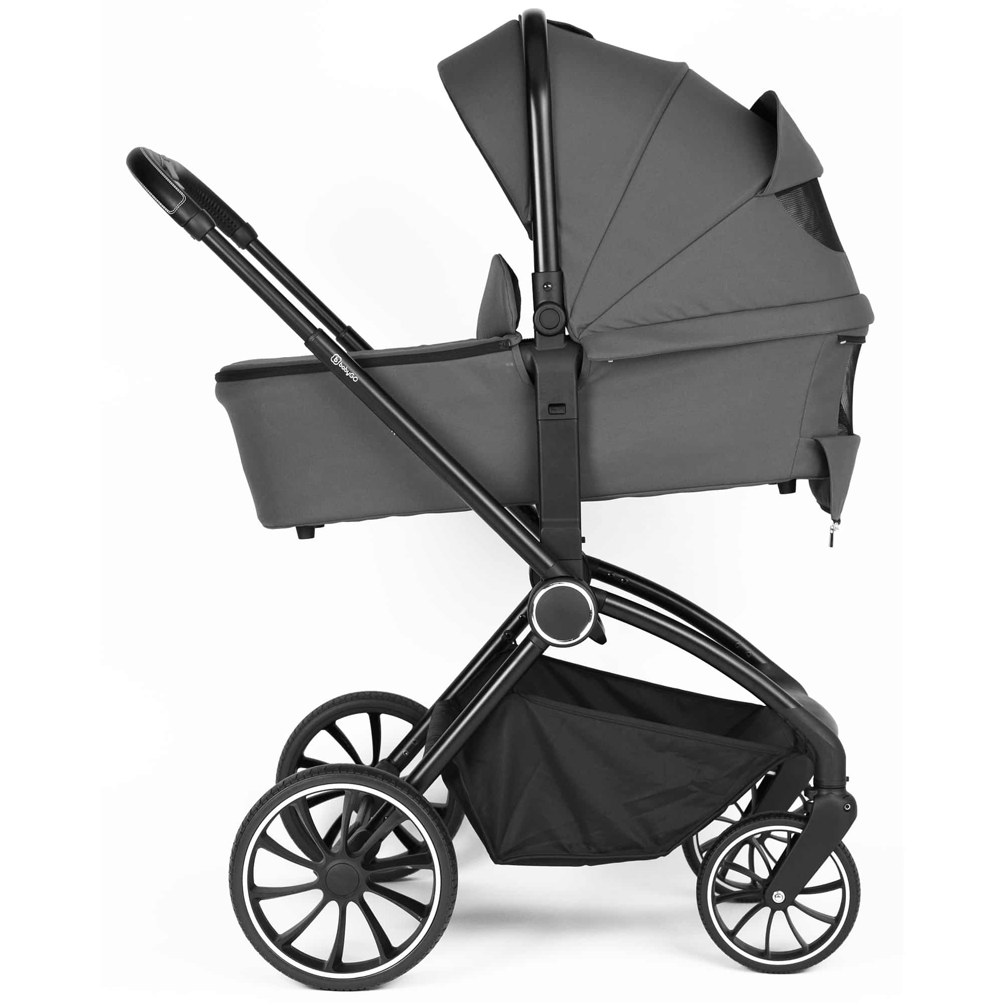 BabyGo - Carucior 3 in 1 Harmony Grey cu maner reglabil pe inaltime, cadru Black, [7],bestfam.ro