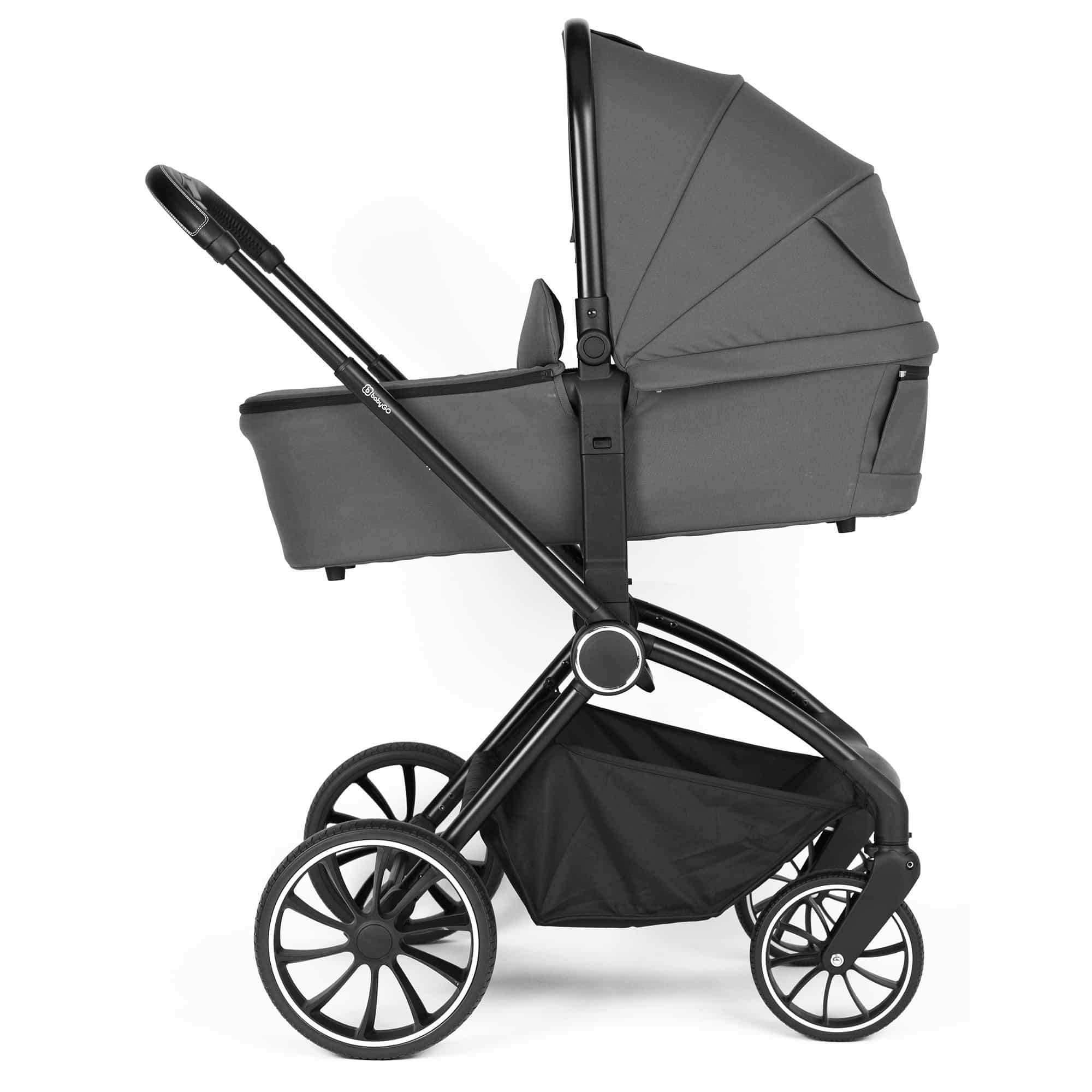 BabyGo - Carucior 3 in 1 Harmony Grey cu maner reglabil pe inaltime, cadru Black, [8],bestfam.ro
