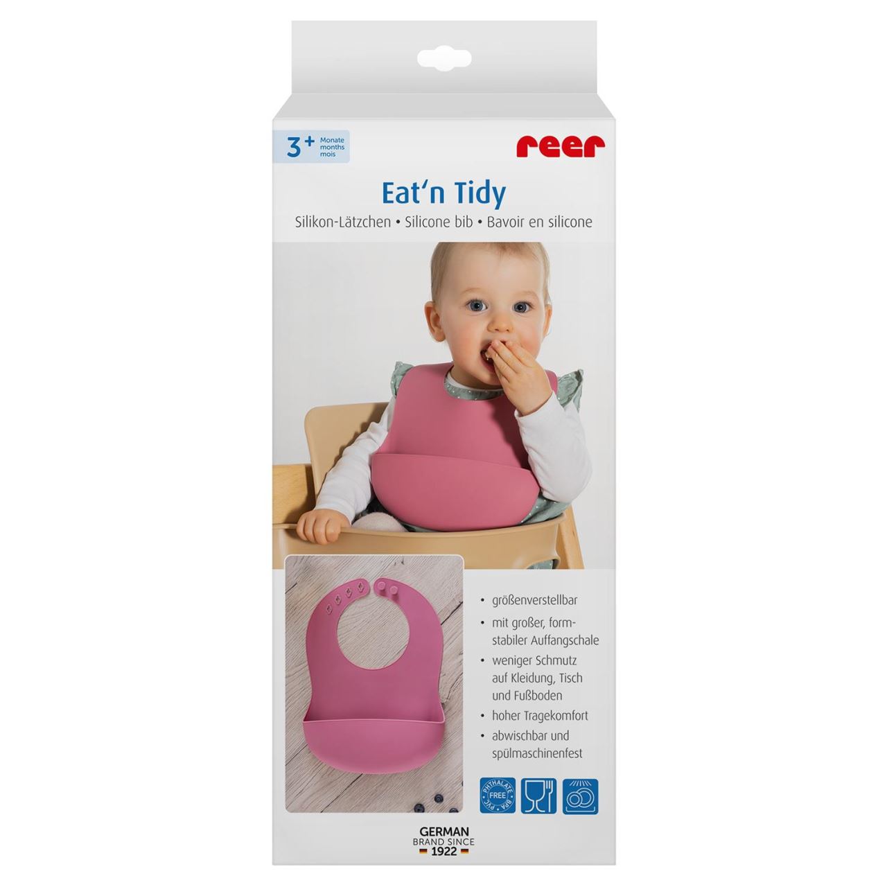 Bavetica din silicon moale cu buzunar colector pentru bebelusi, reglabila, roz, Reer Eat`n Tidy 25044, [2],bestfam.ro