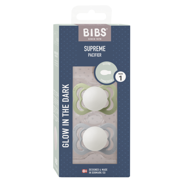 BIBS - Set 2 suzete Supreme Fosforescente GLOW Silicon, tetina simetrica, 0 luni +-Sage/Cloud, [2],bestfam.ro
