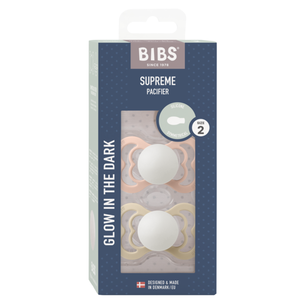BIBS - Set 2 suzete Supreme Fosforescente GLOW Silicon, tetina simetrica, 6 luni +-Blush/Vanilla, [2],bestfam.ro