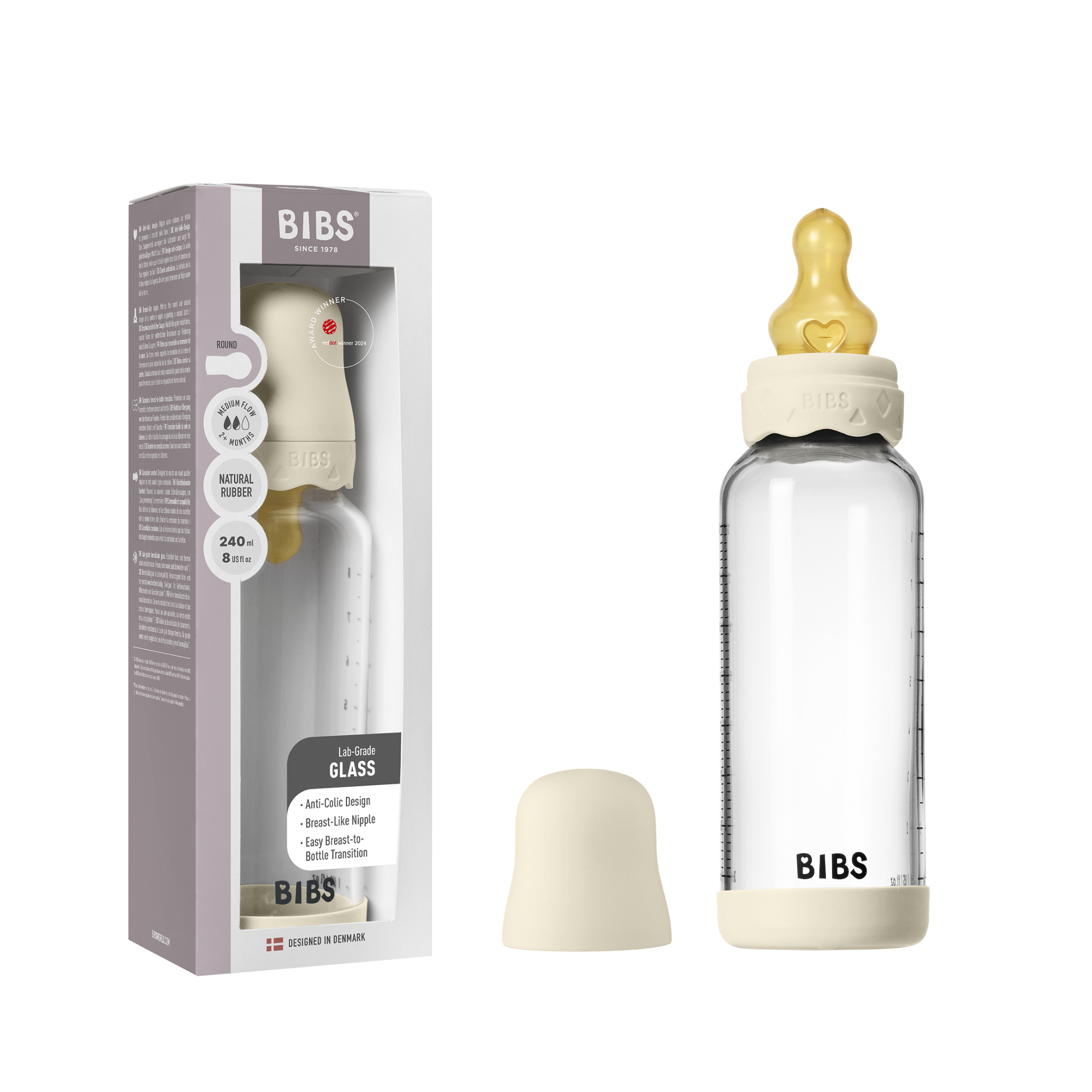 BIBS - Set complet biberon Boheme din sticla anticolici cu tetina din latex, flux mediu, 240 ml, Ivory, [5],bestfam.ro