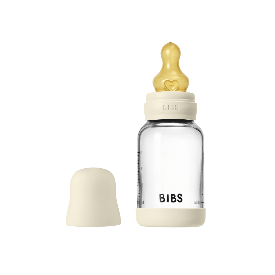 BIBS - Set complet biberon din sticla anticolici cu tetina din latex, flux lent, 120 ml, Ivory, [2],bestfam.ro