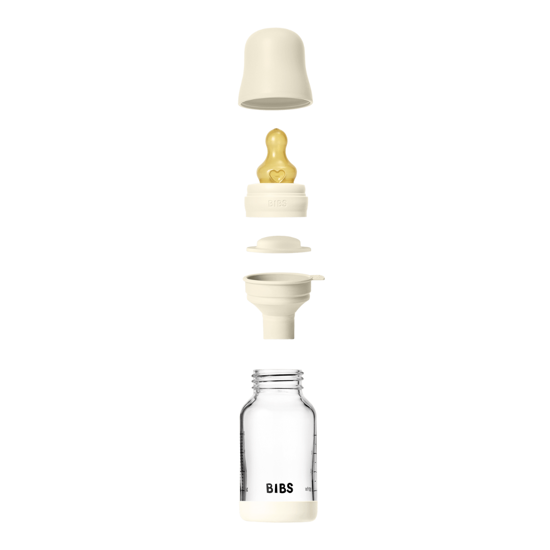 BIBS - Set complet biberon din sticla anticolici cu tetina din latex, flux lent, 120 ml, Ivory, [4],bestfam.ro