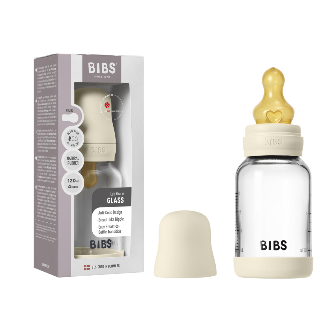 BIBS - Set complet biberon din sticla anticolici cu tetina din latex, flux lent, 120 ml, Ivory, [6],bestfam.ro