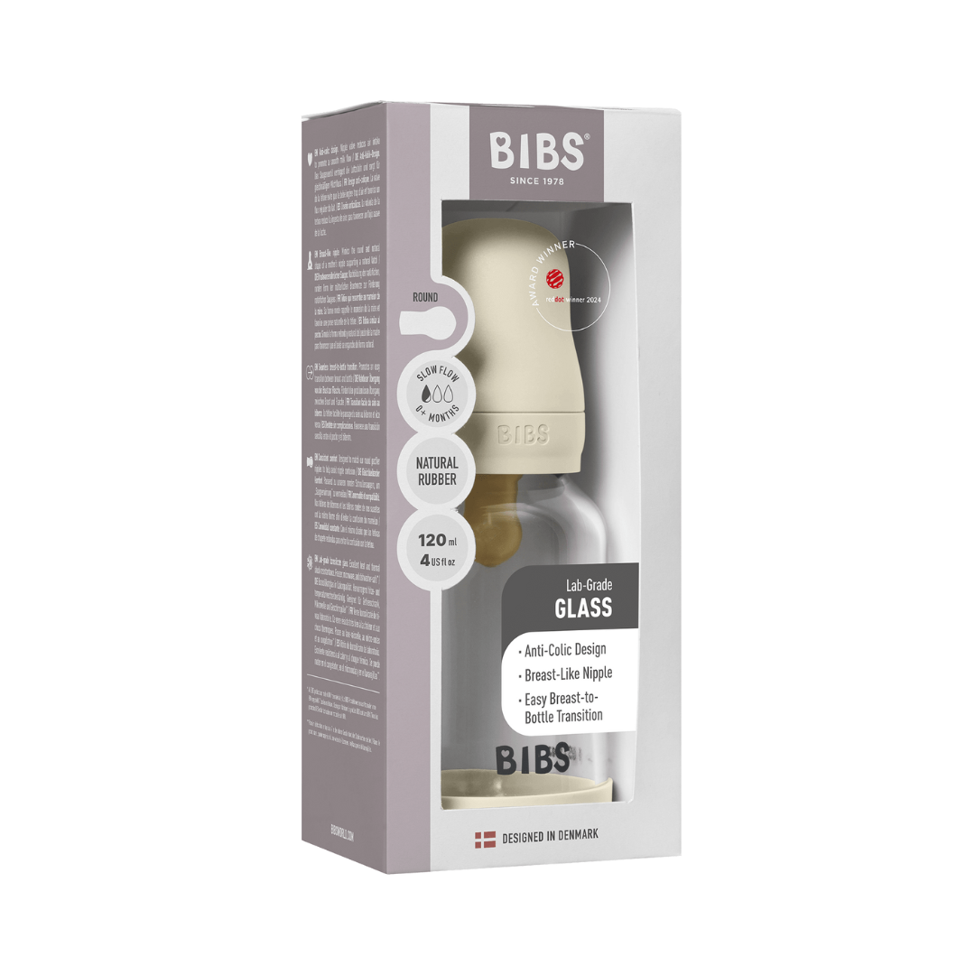 BIBS - Set complet biberon din sticla anticolici cu tetina din latex, flux lent, 120 ml, Ivory, [7],bestfam.ro