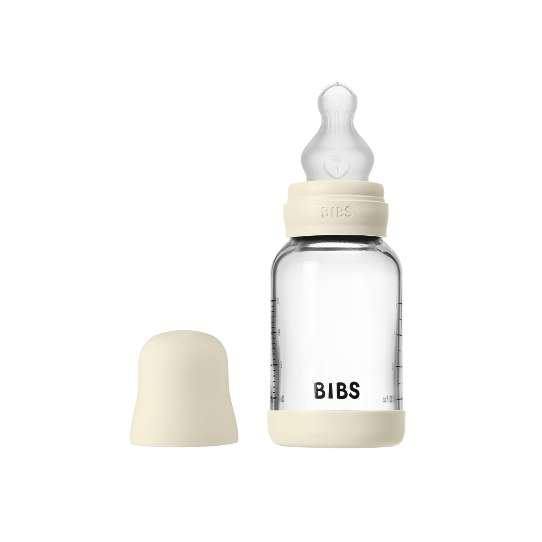 BIBS - Set complet biberon din sticla anticolici cu tetina din silicon flux lent, 120 ml, Ivory, [4],bestfam.ro
