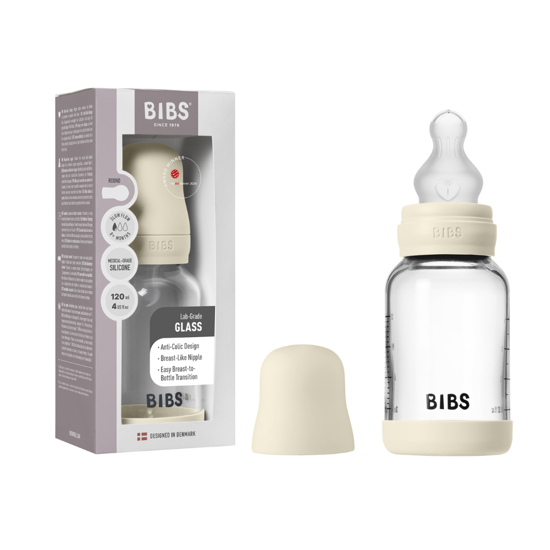BIBS - Set complet biberon din sticla anticolici cu tetina din silicon flux lent, 120 ml, Ivory, [6],bestfam.ro