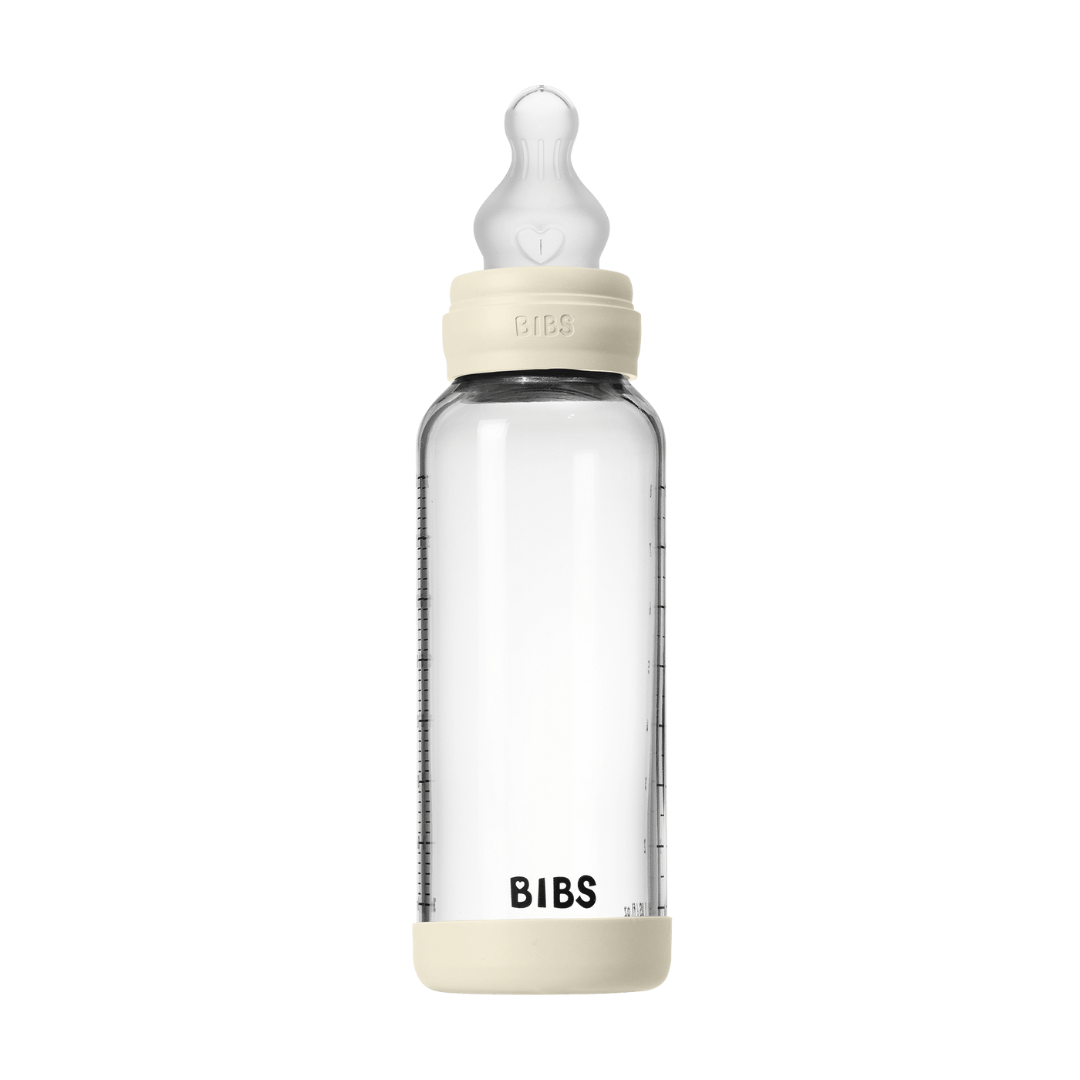 BIBS - Set complet biberon din sticla anticolici cu tetina din silicon, flux mediu, 240 ml, Ivory, [2],bestfam.ro
