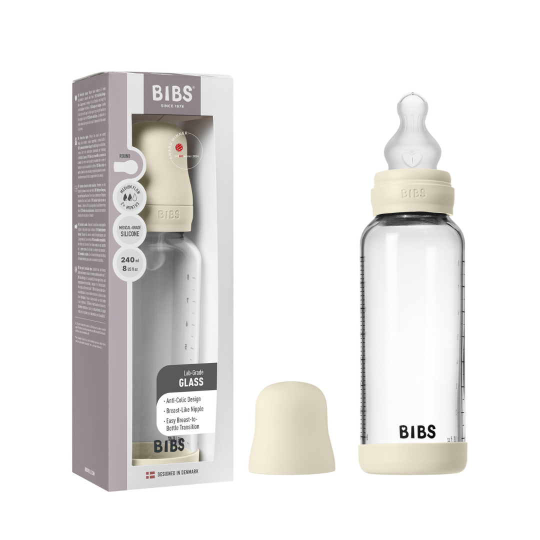 BIBS - Set complet biberon din sticla anticolici cu tetina din silicon, flux mediu, 240 ml, Ivory, [3],bestfam.ro