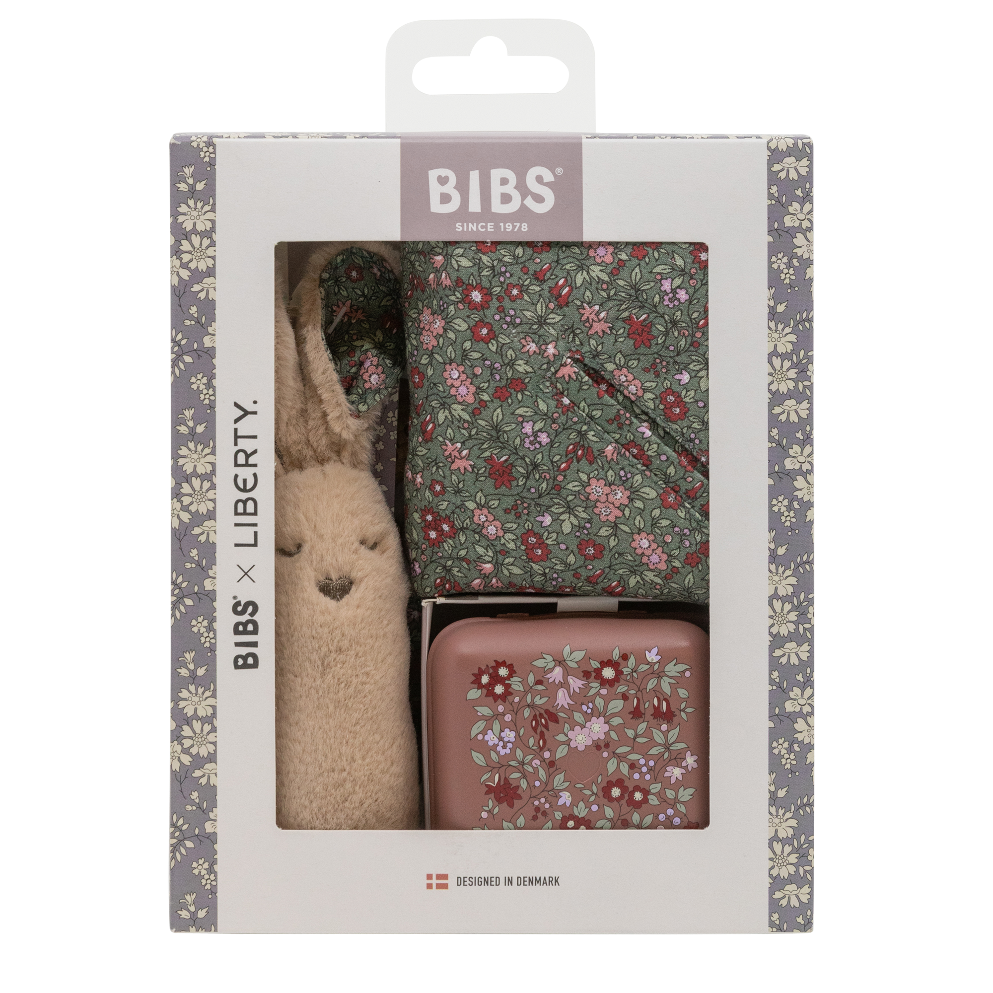BIBS X Liberty Bundle - Set cutie cadou cu bavetica, cutie de suzeta, clip suzeta si jucarie multisenzoriala