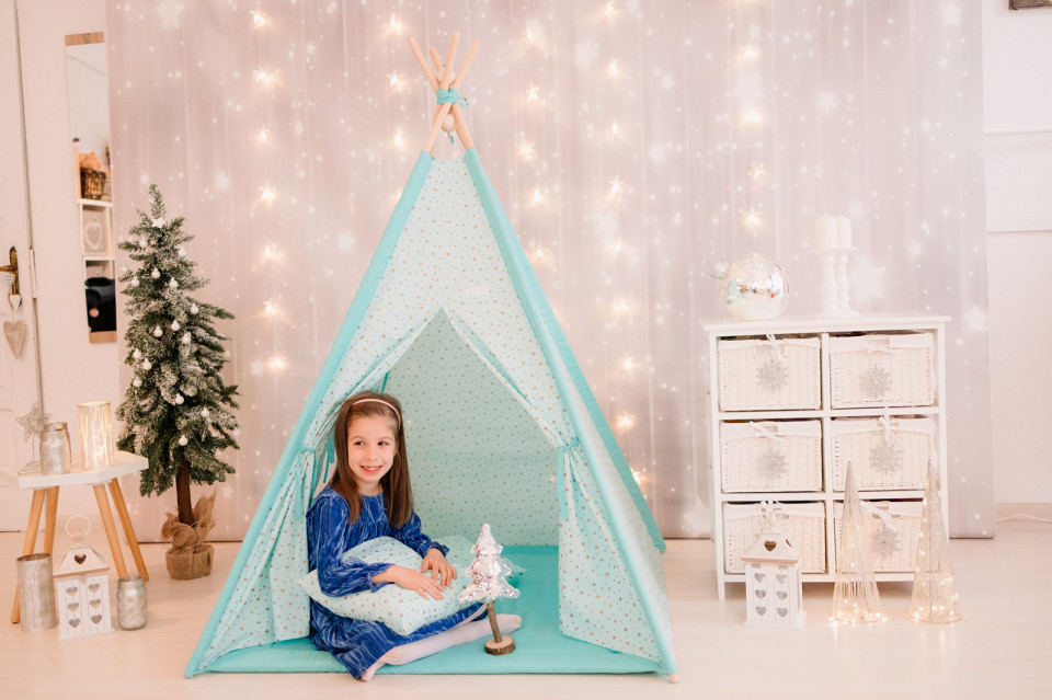 Cort de joaca - Gold Stars Teepee - Mint - Maradalia Kids, [6],bestfam.ro