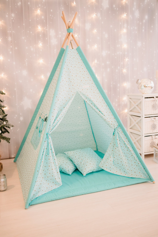 Cort de joaca - Gold Stars Teepee - Mint - Maradalia Kids, [2],bestfam.ro