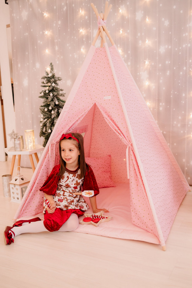 Cort de joaca - Gold Stars Teepee - Pink - Maradalia Kids, [8],bestfam.ro