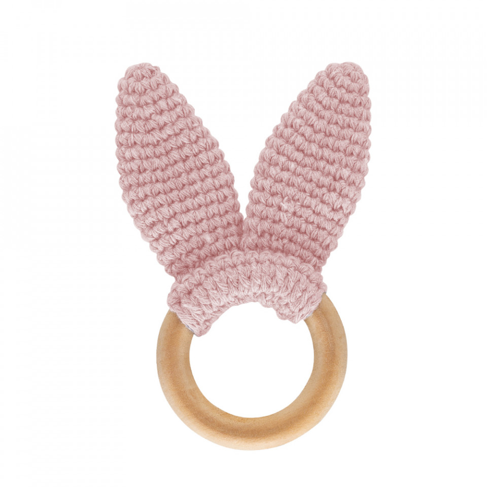 Jucarie Amigurumi roz pentru dentitie din bumbac cu inel din lemn BabyJem 