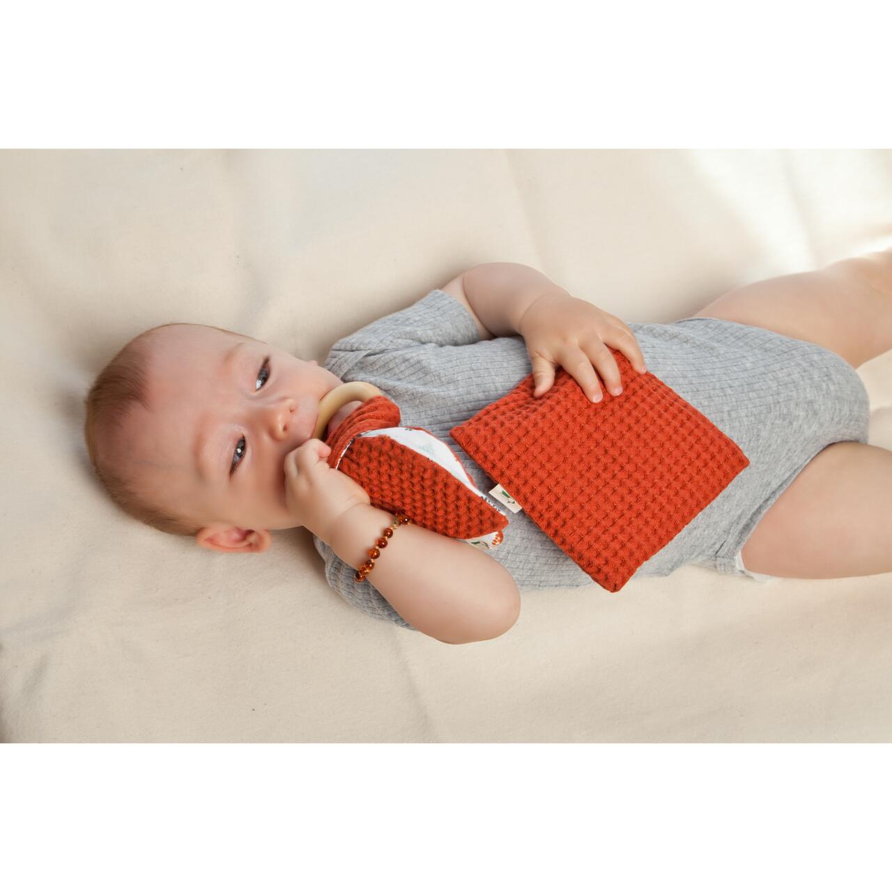 Jucarie organica cu inel de prindere din lemn si urechi din material textil, caramiziu, Gruenspecht 696-V2, [5],bestfam.ro