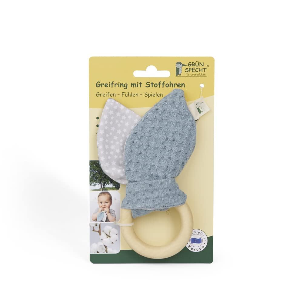 Jucarie organica cu inel de prindere din lemn si urechi din material textil, gri-petrol, Gruenspecht 696-V3, [2],bestfam.ro
